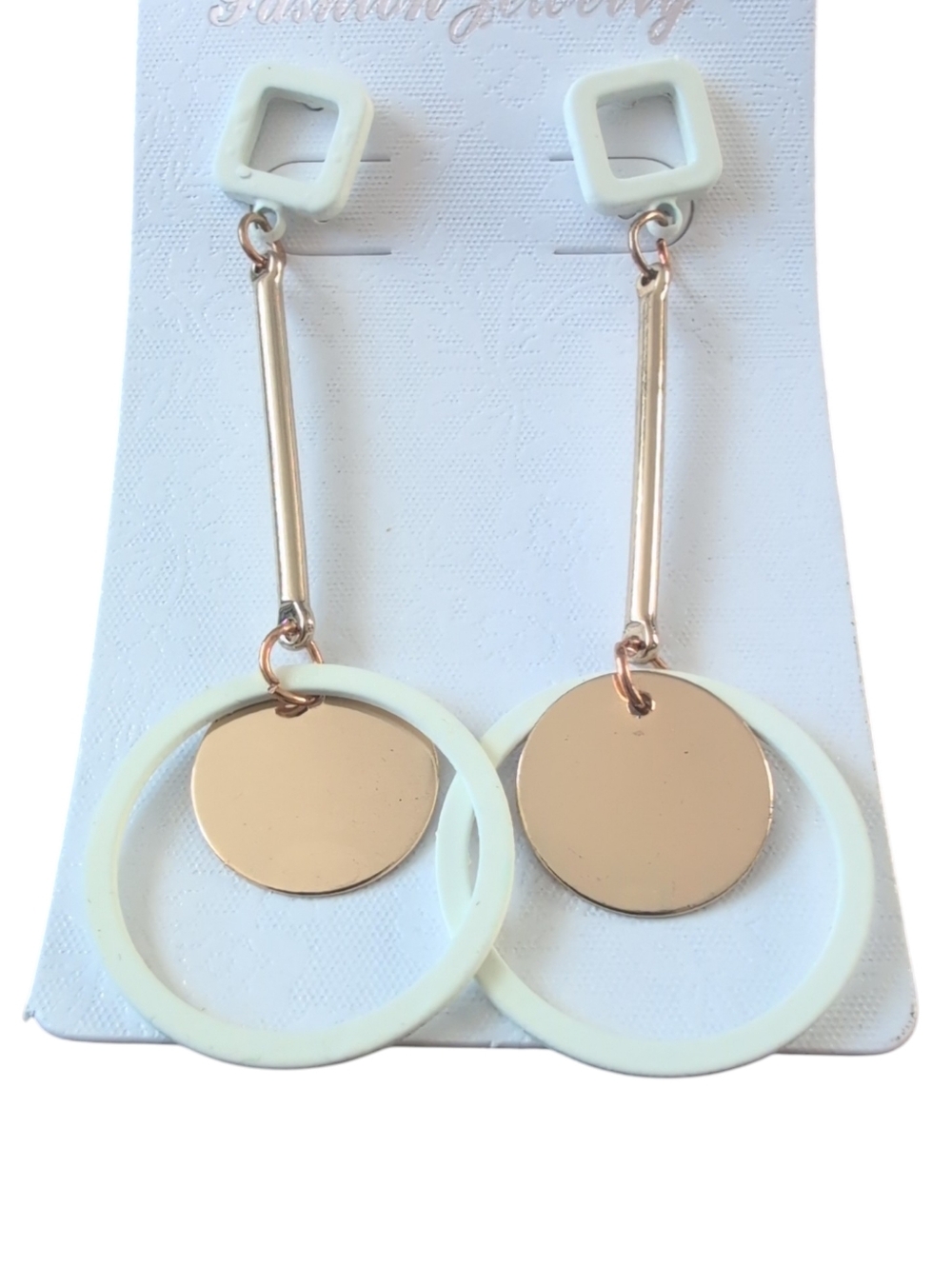 Geometric White Circle Drop Earrings Gold Tone Disc Dangle Minimalist Statement